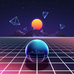 Aufkleber - retro vibrant futuristic synth night vector poster in nostalgia 80s style with mountains, abstract p