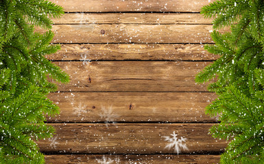 Wall Mural - frame of fir branches on wood