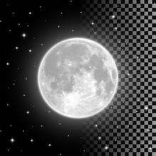 Bright Full Moon In The Clear Night Sky And Isolated On Transparent Background. Realistic Full Moon Vector Illustration. Selena, Luna, Lunar Month, Moonlight Themed Design Element.