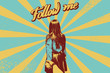 Follow me lettering. Woman leads man by the hand. Grunge retro vector illustration.