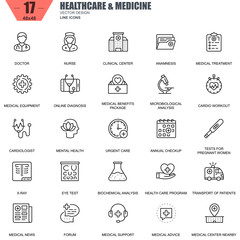 Poster - Thin line healthcare and medicine, hospital services icons set for website and mobile site and apps. Contains such Icons as Doctor, Nurse. 48x48 Pixel Perfect. Editable Stroke. Vector illustration.