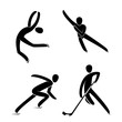Silhouette ice figure skating,hockey player, short track speed skating isolated. Winter sport games disciplines. Black and white flat slyle design vector illustration.Web pictogram icon symbol