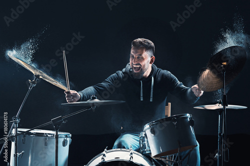 Fotomural Drummer rehearsing on drums before rock concert