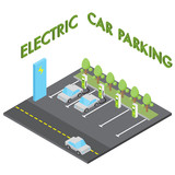 Fototapeta  - Electric car parking concept, isometric vehicle charging station isolated vector