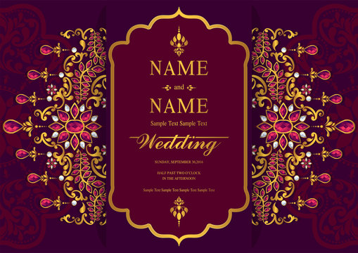 Indian wedding Invitation card templates with patterned and crystals on paper color.