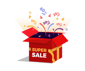 Aufkleber - Box opening and exploding with fireworks, confetti and discounts. Super Sale concept. Vector illustration