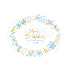 Wall Mural - Circle snowflake frame, festive decoration on white background, Christmas design for invitation, greeting card or postcard. Vector illustration, merry xmas snow flake framework