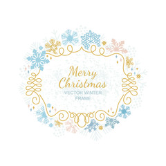 Wall Mural - Snow flake frame on white background, Christmas design for invitation, greeting card. Vector illustration, merry xmas snowflake framework
