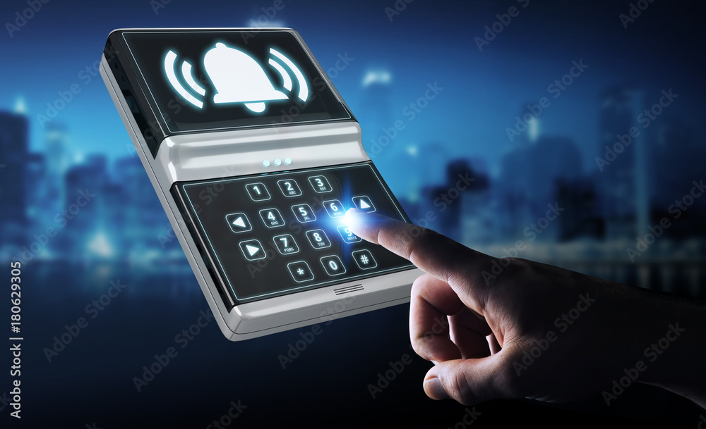 Businessman using home alarm security device 3D rendering - obrazy, fototapety, plakaty 