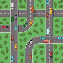 Wall Mural - Vector top view highways with cars and with trees in between top view illustration