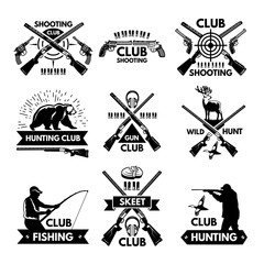 Poster - Labels and badges set for hunting club. Monochrome pictures of different animals and weapons for hunters