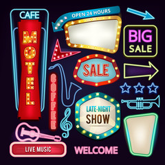 Poster - set of light signs, boards and arrows. retro neon banners for advertising
