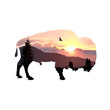 Silhouette of bison with coniferous trees on the background of mountains and colorful sky. Sunset.