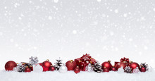 White And Red Christmas Balls With Xmas Presents In A Row Isolated On Snow, Christmas Banner