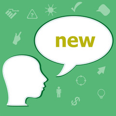 Poster - Text New on digital background. Education concept . Head with speech bubble