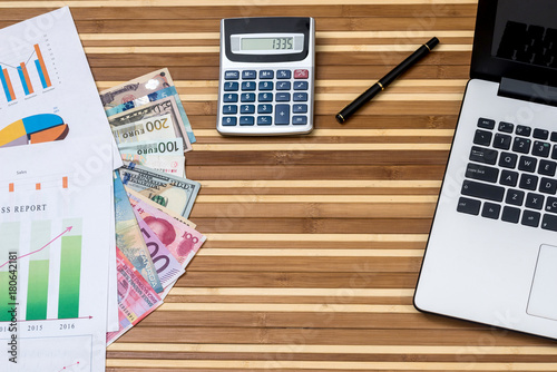 Dollar Franc Euro Yuan And Yen With Calculator Laptop Dollar Franc Euro Yuan And Yen With Calculator Laptop Businesss Graph