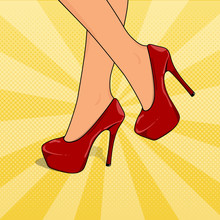 Vector Illustration Of Sexy Woman's Legs In Shoes With High Heels In Pop Art Style. Pop Art Dotted Halftone Background.