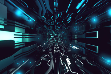 Poster - Fly inside of futuristic metallic corridor 3d rendering