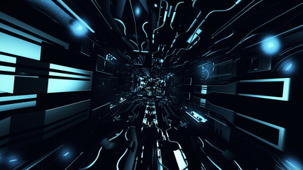 Poster - Fly inside of futuristic metallic corridor 3d rendering
