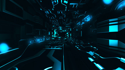 Poster - Fly inside of futuristic metallic corridor 3d rendering