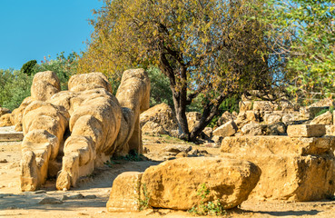 Fallen statue of Atlas at the Temple of Olympian Zeus in the Valley of Temples near Agrigento, Sicily