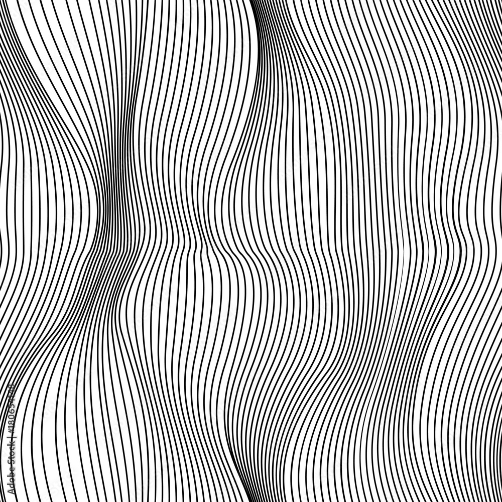 Abstract wave shape moire striped vector seamless pattern with round, smooth curves. Monochrome meditative background for wallpapers, copybook covers or other modern design purposes. - obrazy, fototapety, plakaty 
