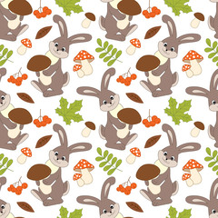 Wall Mural - Vector Seamless Pattern with Cute Rabbits, Mushrooms, Berries  and Leaves 