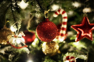 closeup of christmas tree ornaments