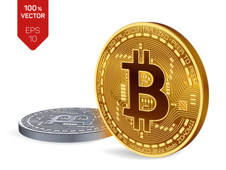 Wall Mural - Bitcoin. 3D isometric Physical bit coin. Digital currency. Cryptocurrency. Golden and silver coins with bitcoin symbol isolated on white background. Stock vector illustration.