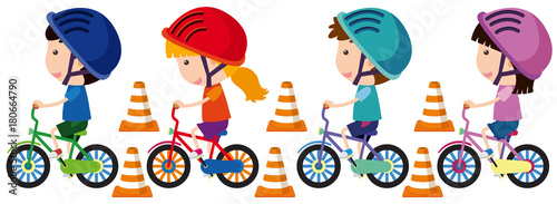 Cuadros en Lienzo Children riding bike with helmet on