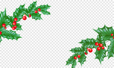 Christmas greeting card template background of holly leaf wreath and Christmas lights garland on New Year fir or pine tree decoration. Vector Christmas tree ornament for New Year winter holiday banner