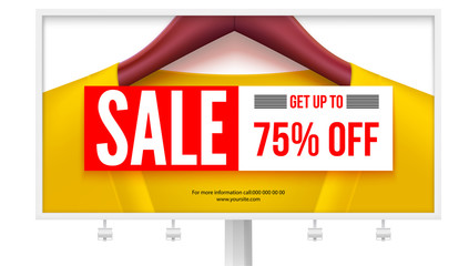 Poster - Billboard with offer of sale. Get up to 75 percent off discount. Yellow jacket on hangers with big sale banner, discount tag. Design for advertisements posters, print design. 3D illustration.