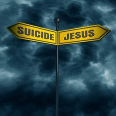 3d rendering of road signs with SUICIDE and JESUS text pointing in opposite directions