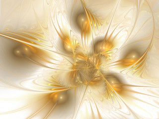 Wall Mural - Abstract glossy exotic golden flower. Fantasy asymmetric fractal design. Digital art. 3D rendering.
