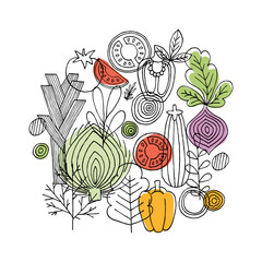 Vegetables round composition. Linear graphic. Vegetables background. Scandinavian style. Healthy food. Vector illustration