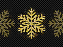 Christmas Holiday Golden Snowflake Decoration Of Gold Glitter Shine On Black Transparent Background. Vector Glittering Shine Sparkles Of Sparkling Snow Flake For Christmas Or New Year Design Template