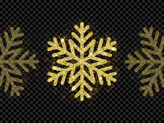 Poster - Christmas holiday golden snowflake decoration of gold glitter shine on black transparent background. Vector glittering shine sparkles of sparkling snow flake for Christmas or New Year design template