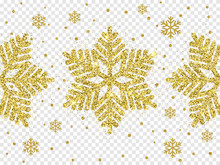 Christmas Golden Snowflake Decoration Of Gold Glitter Shining Sparkles On White Transparent Background. Vector Glittering Shine Snow Flake Glowing Shine Light For Christmas Or New Year Design Template