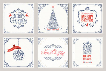 Wall Mural - ornate square winter holidays greeting cards with new year tree, gift box, christmas ornaments, swir