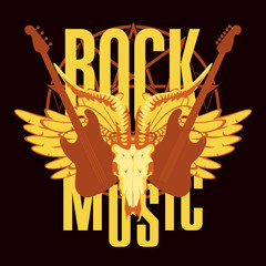 Wall Mural - Vector banner or emblem with words Rock music, electric guitars, wings and goat skull on the background of a pentagram