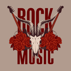 Wall Mural - Vector banner or emblem with words Rock music, electric guitars, a skull of a goat and red roses with barbed wire