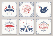 Ornate Square Winter Holidays Greeting Cards With New Year Tree, Reindeers, Christmas Ornaments, Peace Doves, Swirl Frames And Typographic Design. 