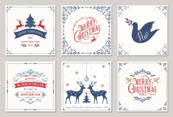 Wall Mural - ornate square winter holidays greeting cards with new year tree, reindeers, christmas ornaments, pea