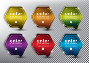 Wall Mural - Abstract hexagonal speech bubbles set of 6. Bubble balloon quote in form of hexagon. Isolated with transparent glass shine and shadow on the light background. Vector illustration. Eps10.