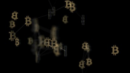 Poster - Animation of abstract data with bitcoin symbol in digital space. Global business backdrop. Animation of seamless loop.