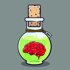 Cartoon brain in the bottle, vector illustration isolated on gray background with a shadow