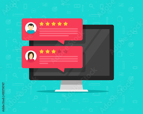 Cuadros en Lienzo Computer and customer review rating messages vector, flat cartoon of desktop pc
