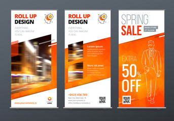 Wall Mural - Roll Up banner stand. Presentation concept. Orange Corporate business roll up template background. Vertical template billboard, banner stand or flag design layout. Poster for conference, forum, shop