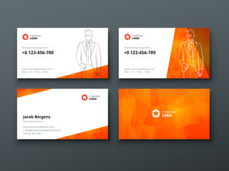 Business card design. Orange Business card template for personal or corporate use. Layout with modern elements and abstract triangle background. Creative vector concept