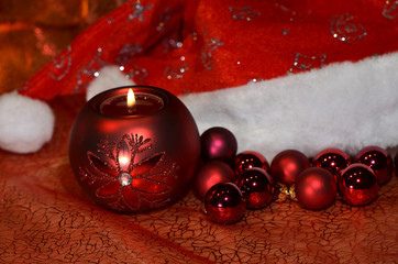 christmas decoration with red christmas balls and santa hat